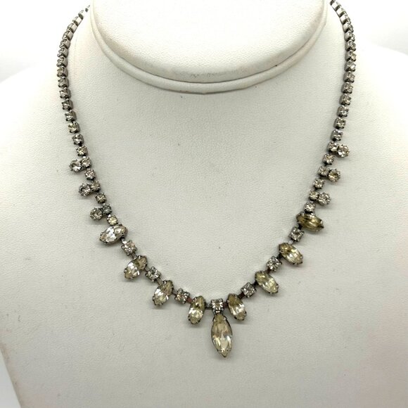 Vintage Weiss Rhinestone Necklace Choker Marquise Round Cut Wedding Formal Retro - Picture 2 of 11